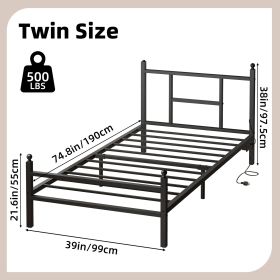 Twin Bed Frame with RGB LED Lights and Charging Station, Metal Platform Bed with Headboard and Footboard, Built-in 2 Outlets and 2 USB Ports