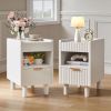 White Fluted Wood Nightstands with Drawer and Open Storage, 2 Pack Modern Bedroom Bedside Side End Tables for Living Room Home Decor