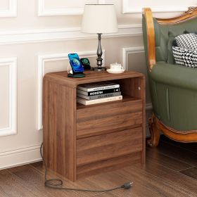 25" Tall Modern Nightstand with Charging Station, 23.6'' Wide Wood Bedside Table w/2 Storage Drawers, Large Mid Century End Table for Bedroom