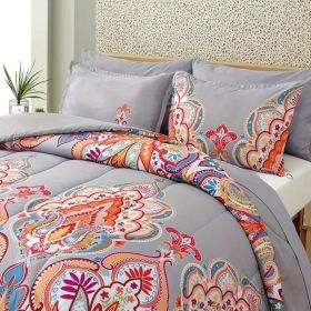 2 Piece Twin Comforter Set, Boho Pattern, Gray with Rainbow Floral