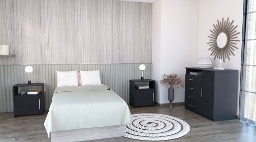 Solon Three Piece Bedroom Set, Rioja Four Drawer Dresser + Two Omaha Nightstands, Black