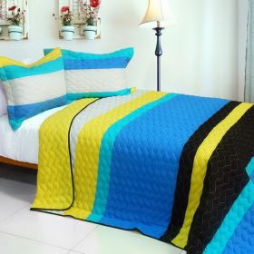 [Love in Sea] 3PC Vermicelli-Quilted Patchwork Quilt Set (Full/Queen Size)