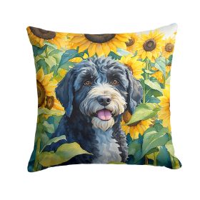 Portuguese Water Dog in Sunflowers Throw Pillow Machine Washable, Indoor Outdoor Decorative Pillow for Couch, Bed or Patio, 18Hx18W