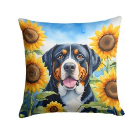 Greater Swiss Mountain Dog in Sunflowers Throw Pillow Machine Washable, Indoor Outdoor Decorative Pillow for Couch, Bed or Patio, 18Hx18W