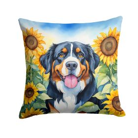 Bernese Mountain Dog in Sunflowers Throw Pillow Machine Washable, Indoor Outdoor Decorative Pillow for Couch, Bed or Patio, 18Hx18W