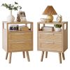 Set of 2 with 2 Drawers, 15.4" Modern Storage Bedside Table with Handles, Wooden End Table for Bedroom,Natural Wood