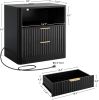 Fluted Night Stand, Modern Nightstand with Charging Station, Drawers and Open Shelves - Bedside Table Wood Side Table for Bedroom, Black