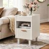 White Fluted Wood Nightstands with Drawer and Open Storage, 2 Pack Modern Bedroom Bedside Side End Tables for Living Room Home Decor