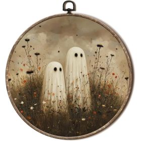 Vintage Halloween Ghost Round Wall Art, Moody Wildflower Spooky Ghost Framed Canvas Print, 10 X 10 Inch Hanging Decor For Home (Option: MULTI)