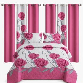 9-Piece Pink And White Rose Bedspread And Curtain Set For Queen And King (Option: Queen)