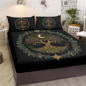 3pcs Tree Of Life Minimalist Comfort Series Bed Fitted Sheet And Two Pillowcases Bedding For All Seasons Use (Color: black, size: KING)