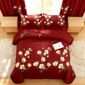 9-Piece Burgundy Red Floral Bedding & Curtain Combo Set, Elegant Wine Red Quilted Bedspread with 6 Light Filtering Window Panels & 2 Shams (Color: Burgundy Red with Elegant White Floral Branches/Sprigs, size: QUEEN)