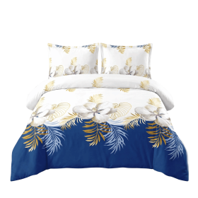 3 Piece Heavyweight Duvet Cover Set, Luxury 100% Microfiber Bedding with Hidden Zipper & 4 Corner Ties (Color: Navy Blue and Gold Tropical Floral, size: KING)
