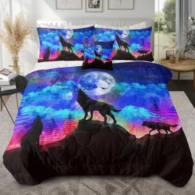 Galaxy Comforter King Men Wolf Bed Comforter Set 4 Piece Wolves Howling Bedding for Boys Retro Oil Painting Design Purple Blue and Black (Color: Blue, size: QUEEN)