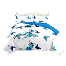 3-Piece Blue Butterfly Quilted Bedspread Set, Vibrant Flying Butterflies on White Reversible Coverlet with 2 Shams, Lightweight All-Season Blanket (Color: Blue Butterfly, size: QUEEN)