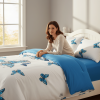 3-Piece Blue Butterfly Quilted Bedspread Set, Vibrant Flying Butterflies on White Reversible Coverlet with 2 Shams, Lightweight All-Season Blanket